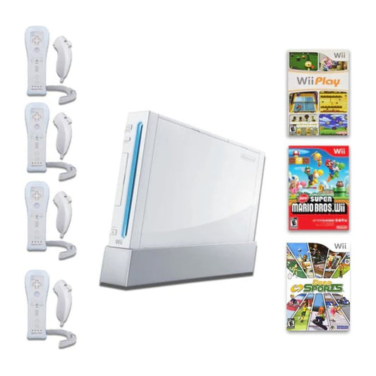 Wii Video Game Console Bundle W/ Deca Sports, New Super Mario Bros, Wii Play & 4 Controllers from 2P Gaming