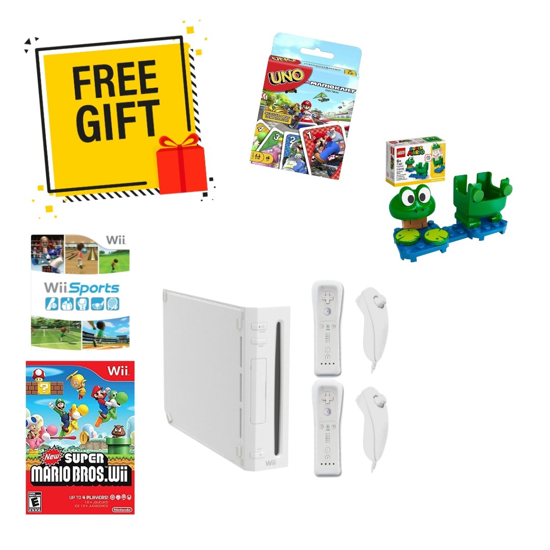 Nintendo Wii Console Bundle White - Wii Sports - New Super Mario Bros - 2 Motion Plus Controllers from 2P Gaming