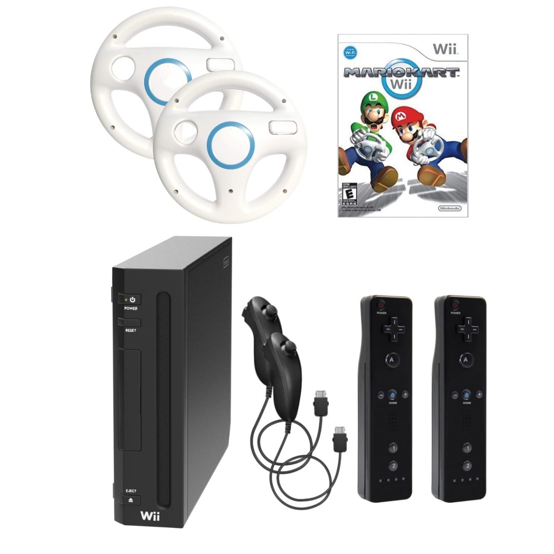 Nintendo Wii Video Game Console Bundle Black - Mario Kart, 2 New Controllers from 2P Gaming