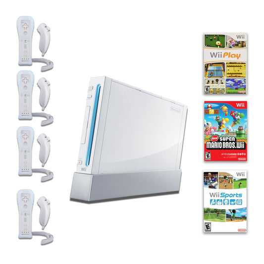 Nintendo Wii Video Game Console Bundle W/ Wii Sports, New Super Mario Bros, Wii Play & 4 Controllers from 2P Gaming