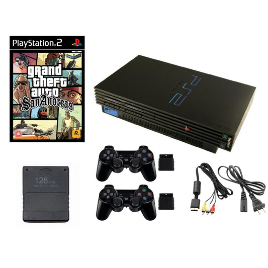 SONY PlayStation 2 PS2 Fat Console Bundle Black - GTA San Andreas - 2 Wireless Controllers from 2P Gaming
