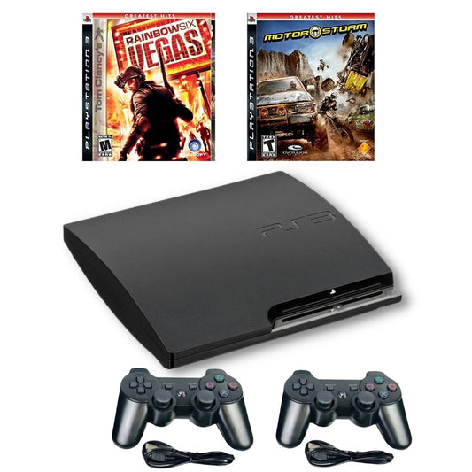 SONY PlayStation 3 PS3 Slim Console Bundle Black - Rainbow Six Vegas - MotorStorm - 2 Wireless Controllers from 2P Gaming