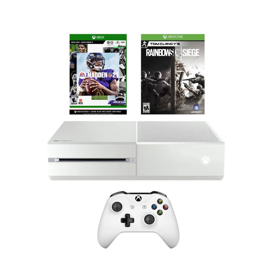 White Microsoft Xbox One Original 500GB Console Bundle New Madden 21, Rainbow Six Seige - 2P Gaming
